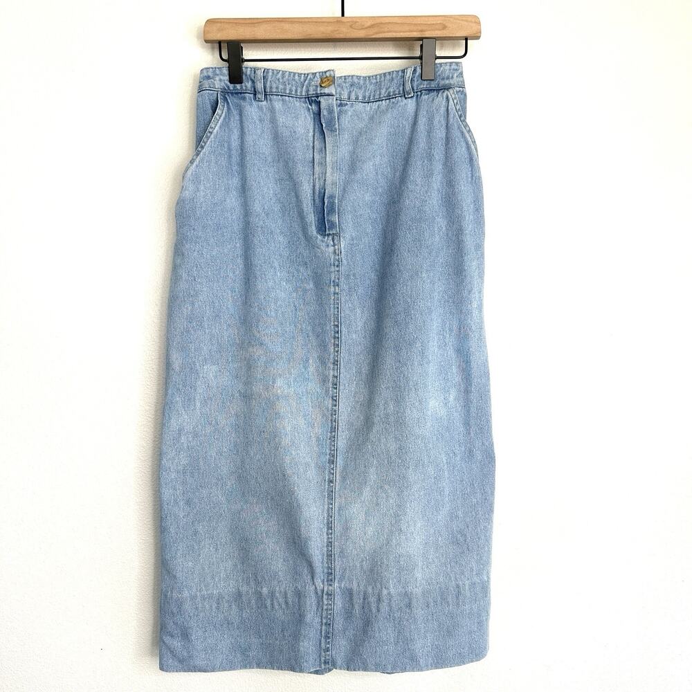 Vintage 90s 100% Cotton Denim Jean Skirt Midi Sz 12 Coastal Cottage Butter mom